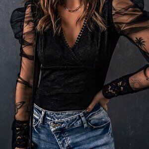 Svetle Chic Long Puff Sleeve Lace Bodysuit